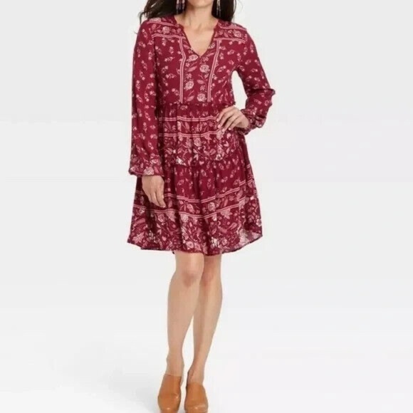 Knox Rose Dresses & Skirts - Knox Rose Womens Long Sleeve Burgundy Red Floral Boho Dress
